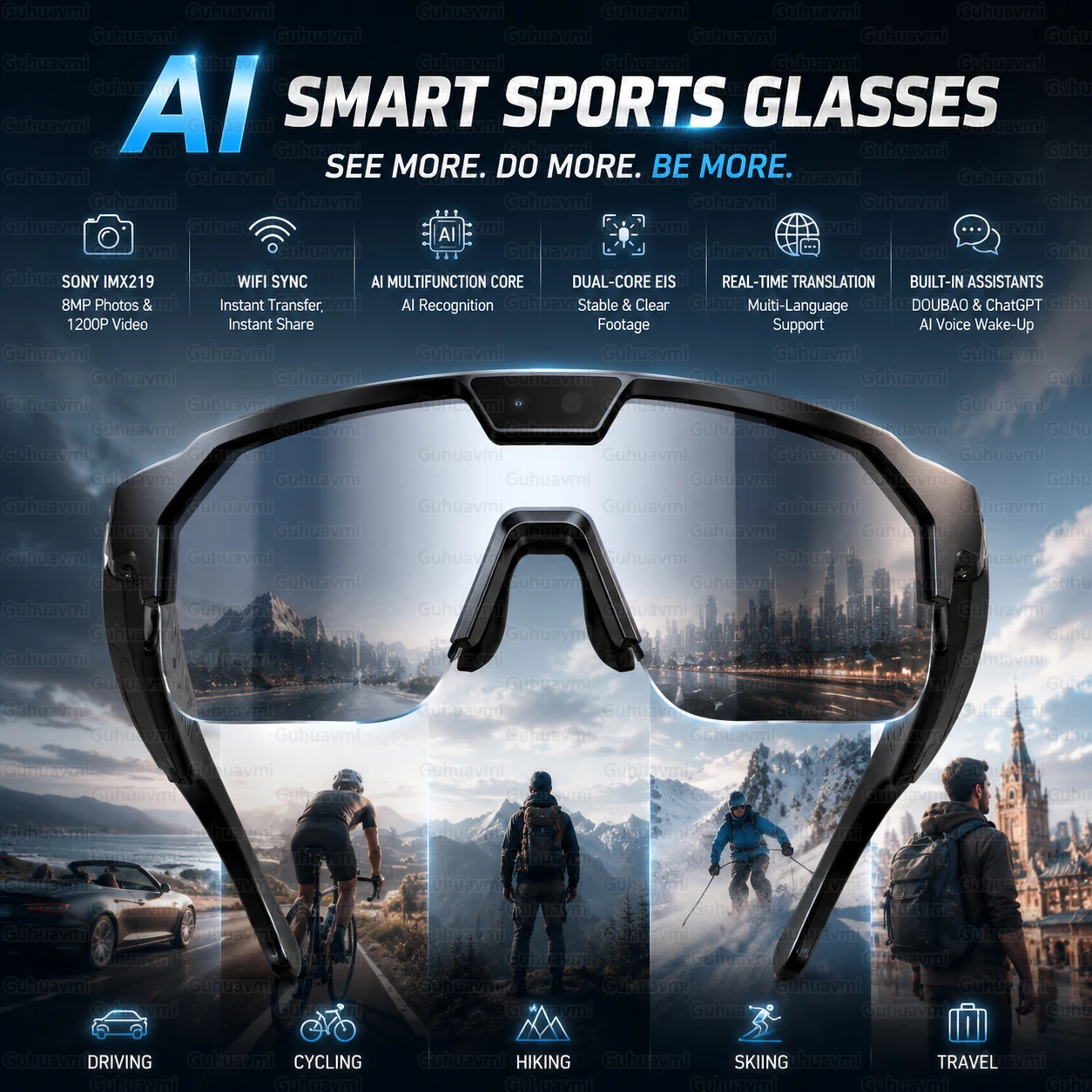 

Sport Smart Glasses with 4K HD Anti-Shake Camera &3D Stereo Speakers Polarized UV400 Sunglasses Bluetooth AI Outdoors Video POV
