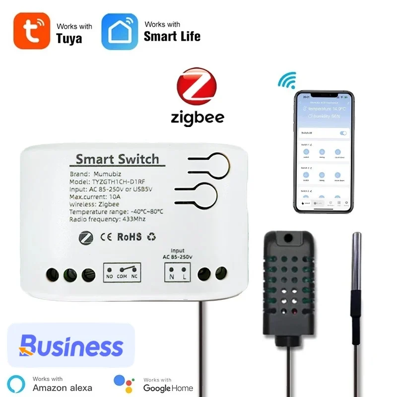 Mumubiz Zigbee 1 Gang Smart Switch with Temperature Humidity Sensor, Tuya Smart Life APP ,Passive Dry Contact Relay Match Alexa