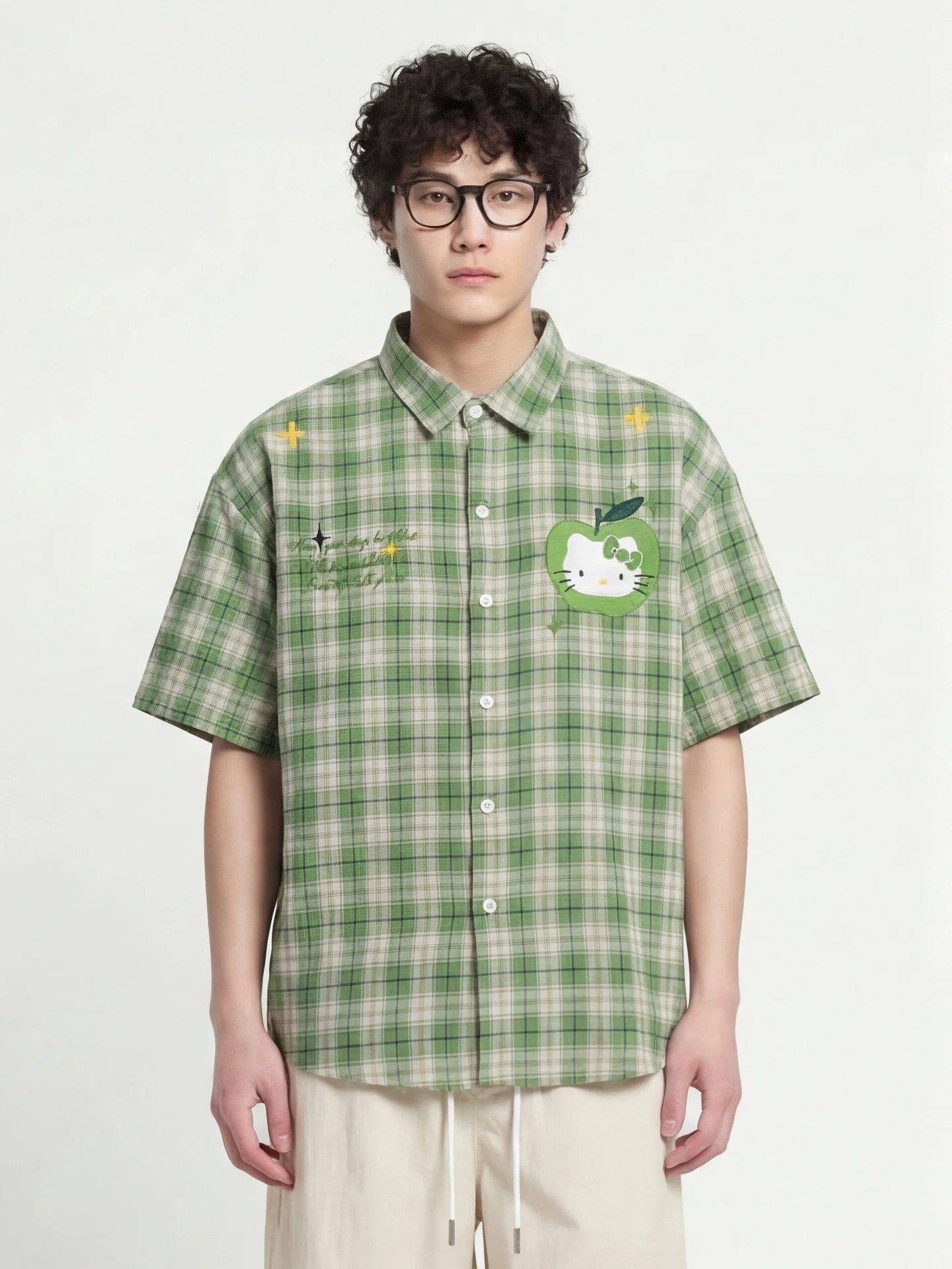 

from Retro Plaid Embroidery Loose Casual ort Sve irt ex Breathable Cotton Polyester Blend Spring Autumn Wear