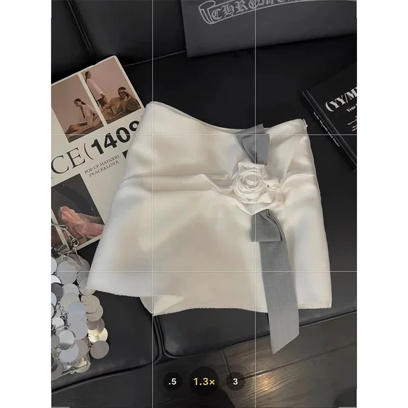 Elegant White Mini Skirt Women Korean Fashion 3D Flower Hip Wrap Skirts Summer High Waist Design Slim A Line Faldas Y2k Skirt