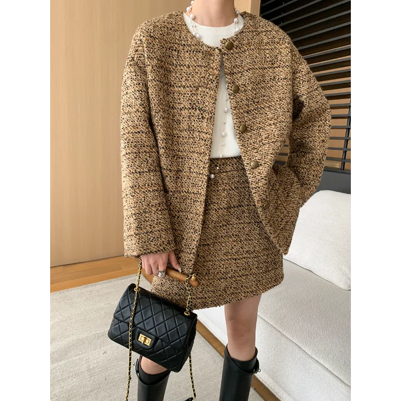 

O Neck Elegant Office Tweed Women Suit Long Sleeve Jacket + Mini Skirt Simple Khaki Small Fragrance Franch Lady Two-piece Set