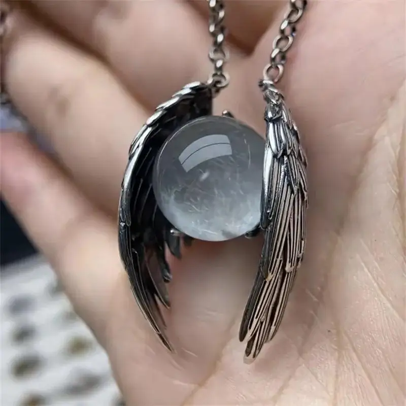 Punk Retro Sliver Color Ghost Wings Round Smooth Ice Crack Crystal Pendant Necklace For Women Personality Jewelry Accessory Gift