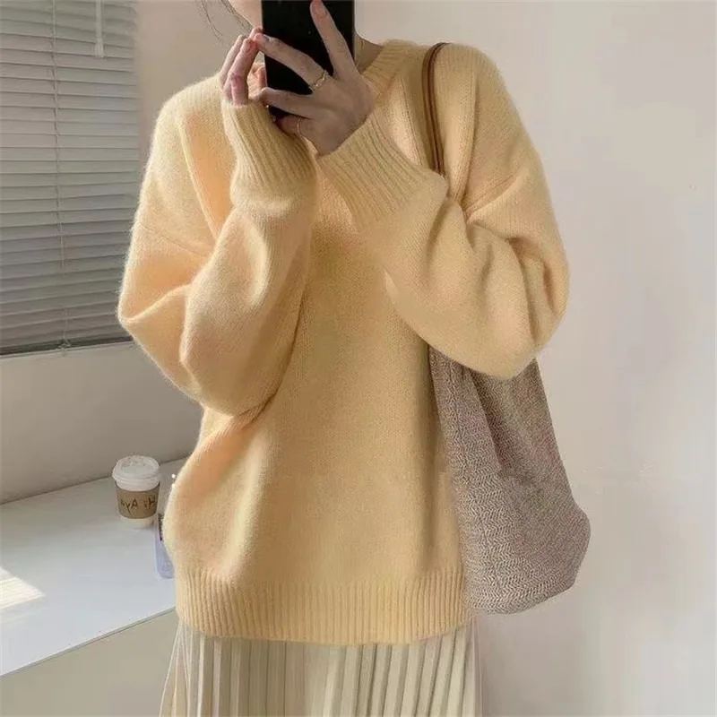 Autumn and Winter New Loose Lazy Style Round Neck Pullover Female Solid Color Casual Simple Sweater