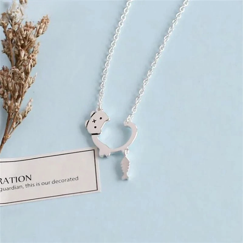 UiniTail Hot Selling New 925 Tibetan Silver Exquisite Cute Cat and Fish Sweet Animal Necklace Women's Fashion Versatile Jewelry