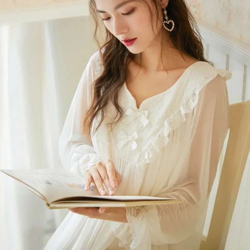 Women Night Dress Dressing Gown Peignoir Vintage Lace Nightgown White Mesh Modal Long Robe Fairy Sleepwear Princess Nightwear