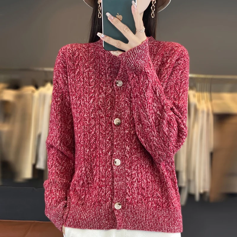 

Autumn Winter 100% Wool Sweater Cardigan Women's Round Neck Twisted Flower Loose Sweater Coat Thick Flower Yarn Knitted Sweater