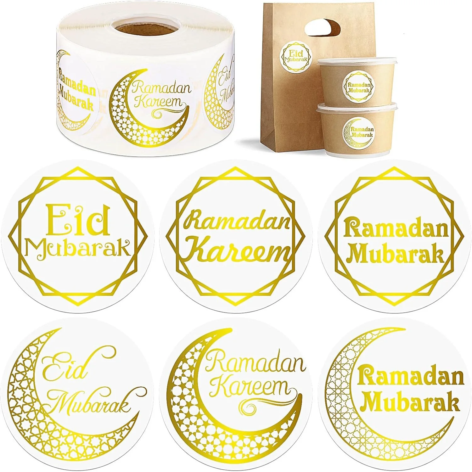 500pcs White Gold EID Mubarak Stickers Ramadan Kareem Gift Box Seal Lables Candy Bag Decoration Islamic Muslim Party supplies