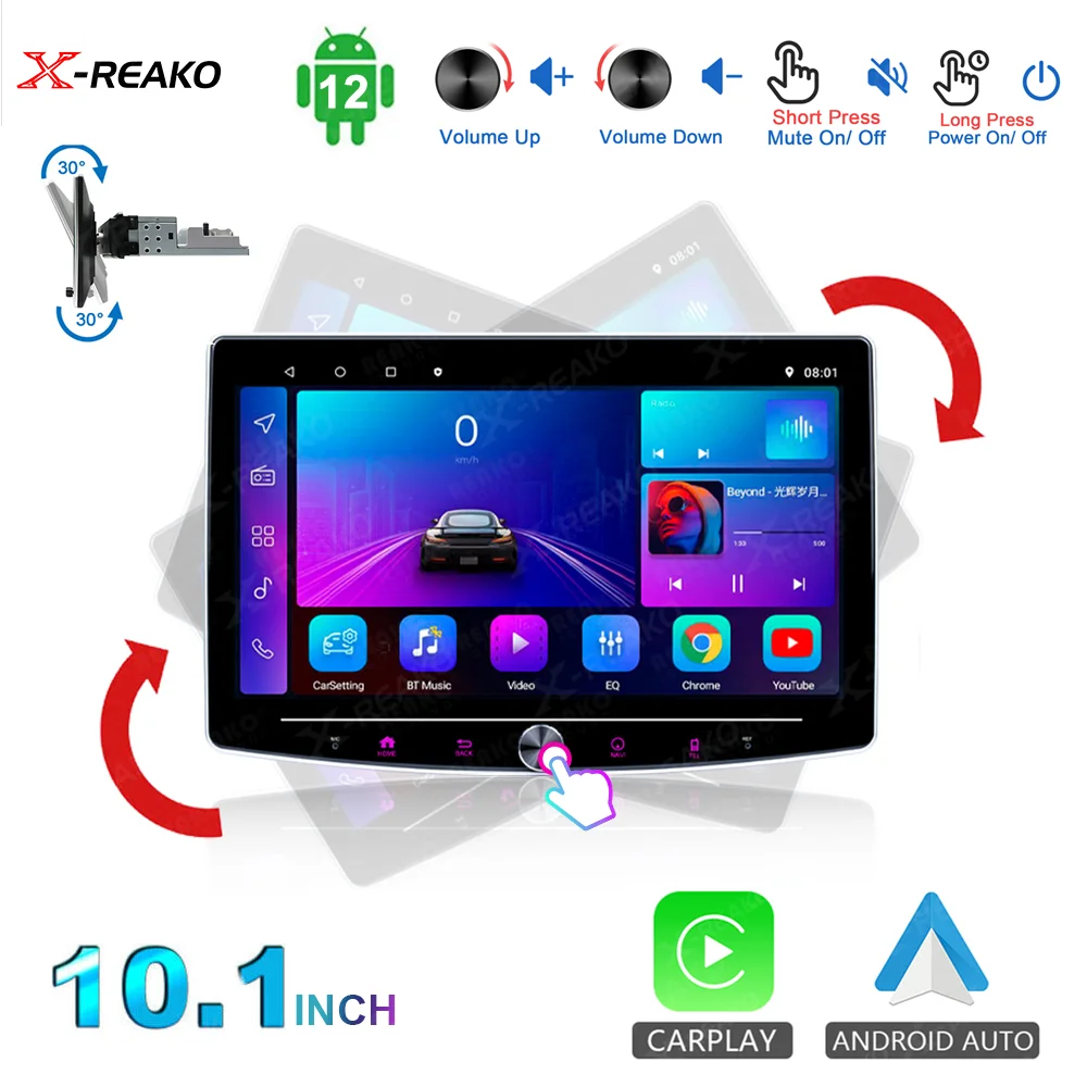 X-REAKO 10inch Rotate Android 12 Car Radio USB 1 Din Apply Carplay Autoradio Knob Button Multimedia Player GPS Navigation NO DVD