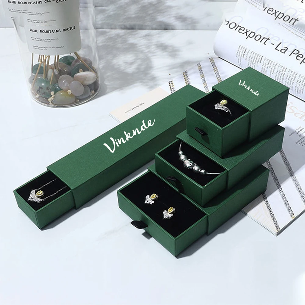 

50Pack Custom Logo Jewelry Packaging Box Ring Earrings Pendants Necklace Drawer Paper Green Boxes for Wedding Bridal Favors Gift