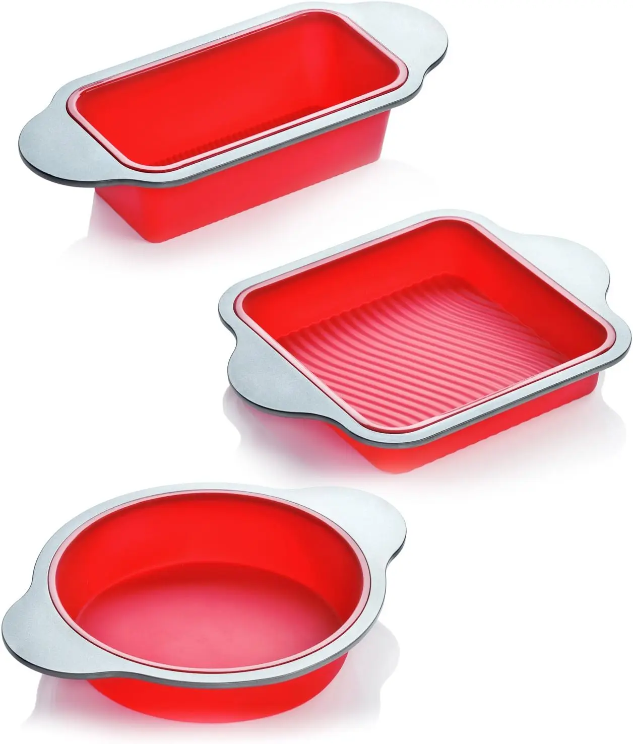

Professional 3-Piece Silicone Baking Pan Set: Round, Square, Loaf Pans for Easy Non-Stick Baking