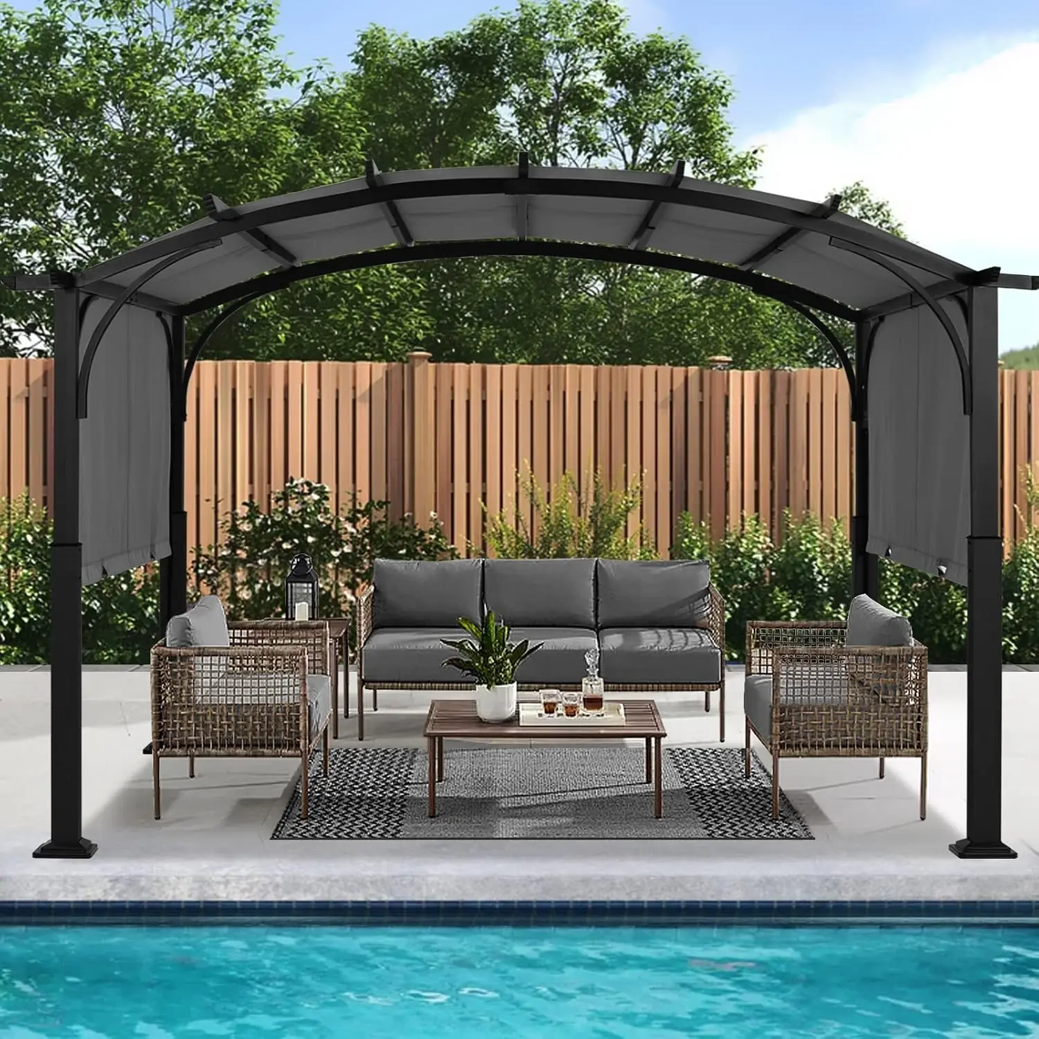 Arched Pergola 10'x12' with Retractable Sun Shade, Dark Gray, Customized