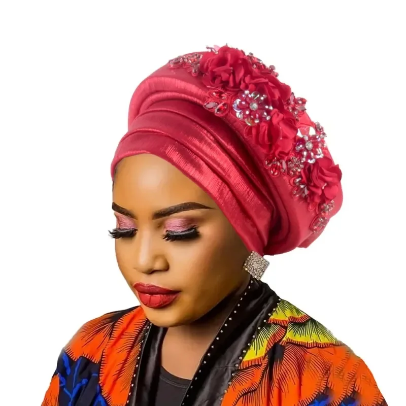 

African Women's Turban Cap Diamond Flower Nigeria Auto Gele Headtie Already Made Wedding Geles Female Head Wraps Hat Party Mujer