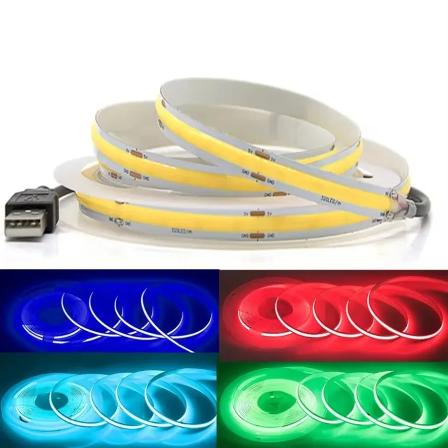 5V USB COB Lamp Strip 320LEDs/M White/Red/Pink/Ice Blue/Yellow Cabinet Light Lamp TV Backlight Flexible Ribbon Rope LED Strip