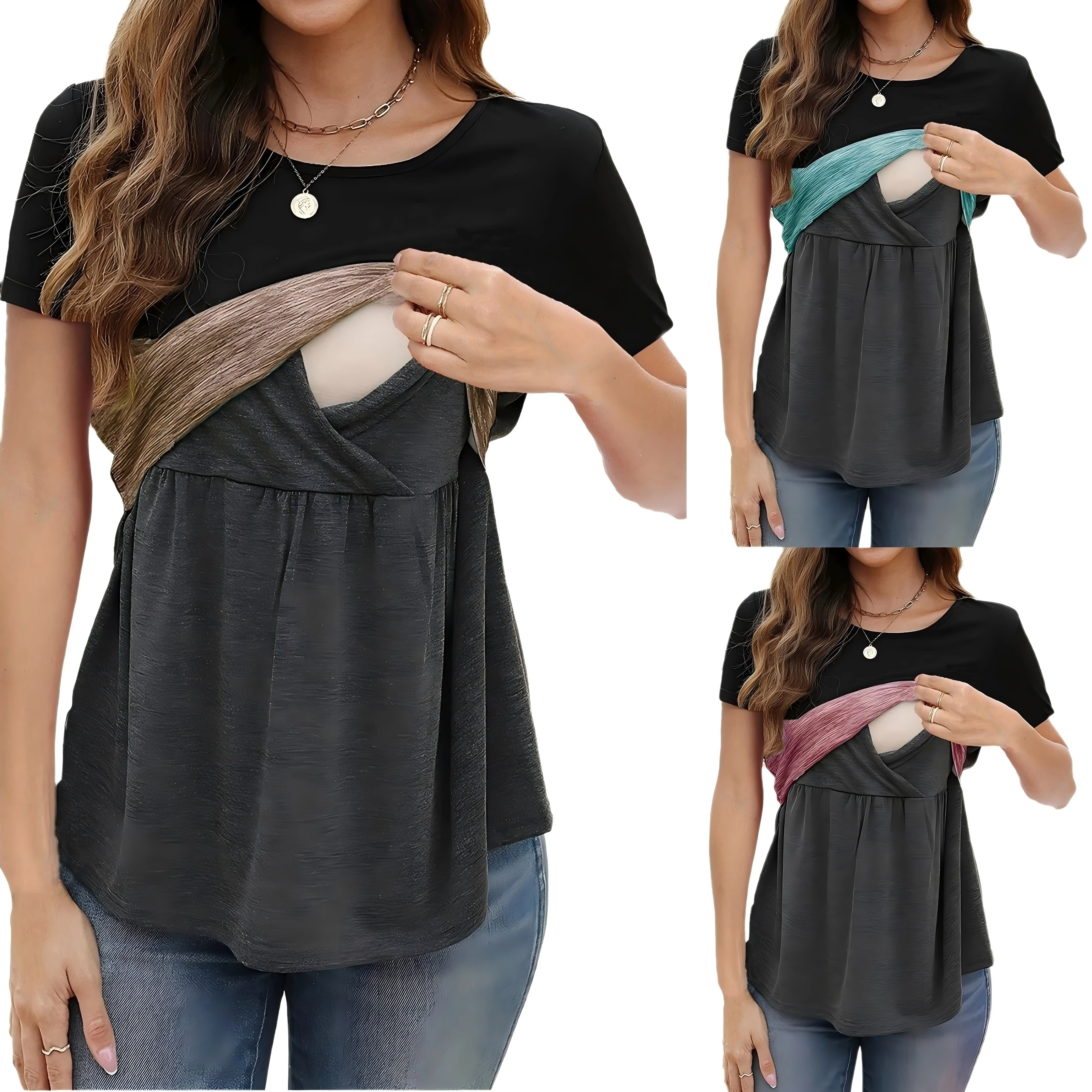 Umstands-Stilltop, Farbblock, Rundhalsausschnitt, Kurzarm-T-Shirt, bequemes Stillshirt für schwangere Frauen – Detail 1