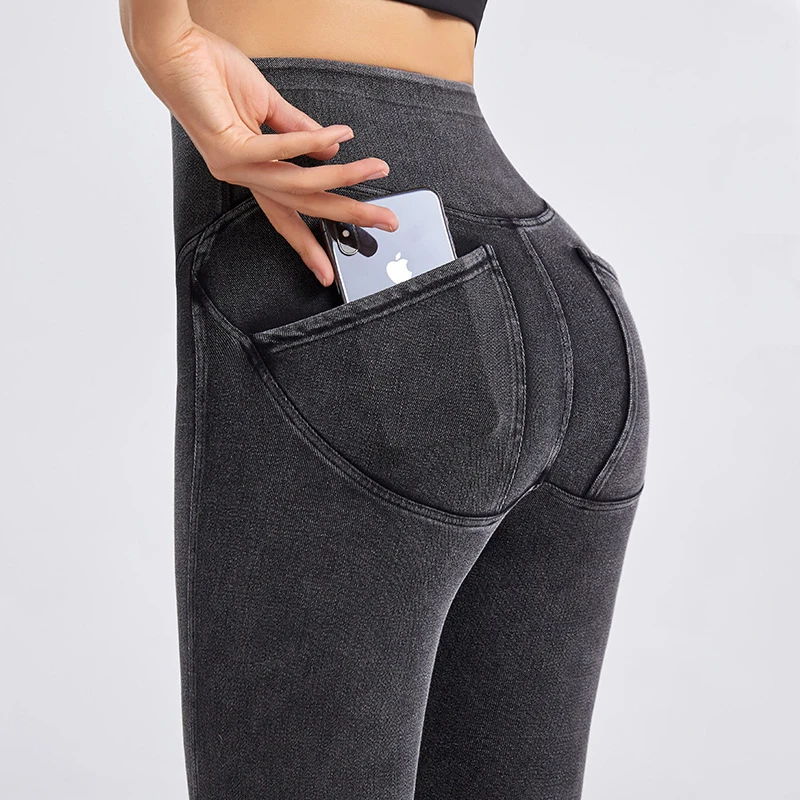 Women Pocket Denim Yoga Pants Slim Fit Sexy Butt Lift High Waist Sports Casual Leggings Breathable Workout Tights Female Trouser