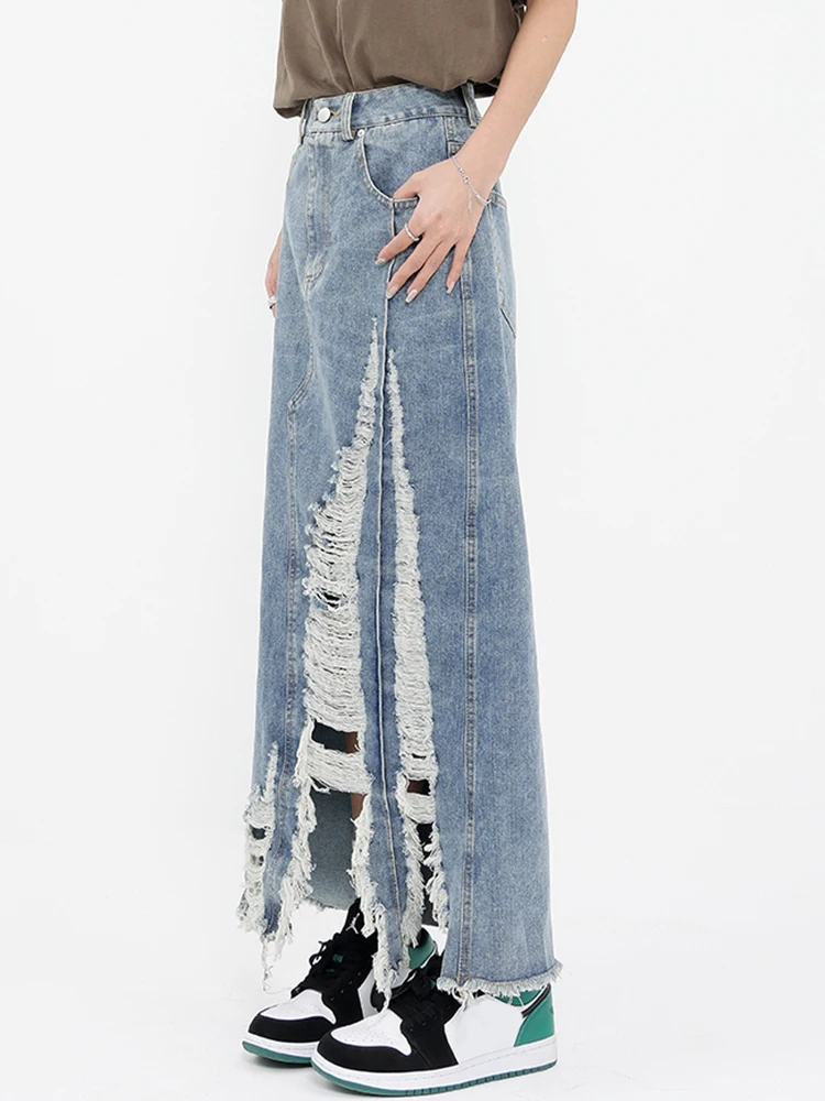 [EAM] High Waist Blue Denim Holes Irregular Burr Long Casual Half-body Skirt Women Fashion Tide New Spring Autumn 2024 1DF6983