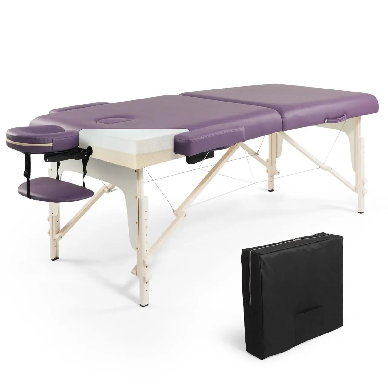Memory Foam Massage Table 84in Foldable Portable Height Adjustable Spa Bed Facial Cradle Wooden Legs Carry Case 32in, Customized
