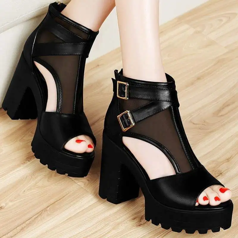 Summer New Women's Shoes Fashion Fish Mouth Mesh Breathable Coarse Following High Heel Sandals Fashion Metal Buckle Decoration