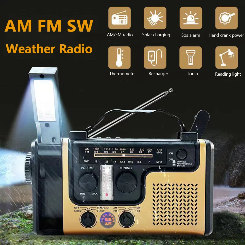 Multifunctional Solar Power Hand Crank Radio AM FM SW Emergency Weather Radio with Flashlight 2000mAh Phone Charger Power Bank