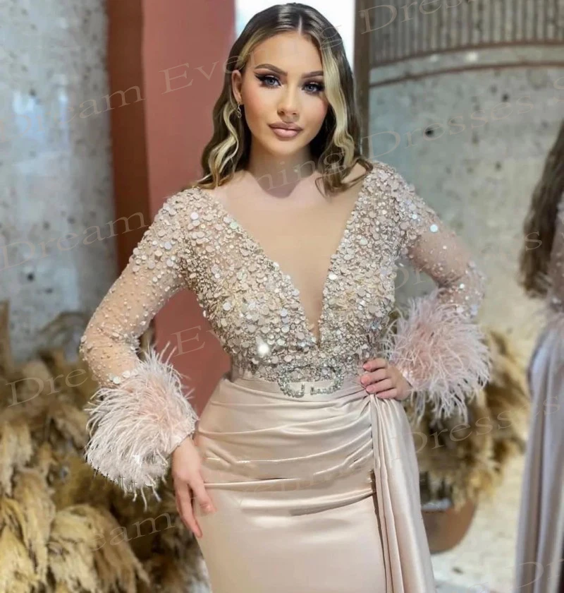 Arabic Luxury Beaded Feathers New Evening Dresses Trumpet Mermaid Long Sleeve Satin Prom Gowns Graceful Deep V Neck Floor-Length