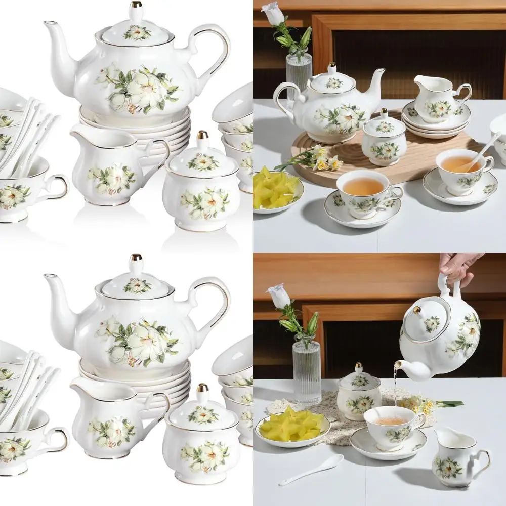 

Винтажный цветочный британский чайный сервиз из 22 предметов с золотой оправой, чайником, сахаром, молоком, чашками и блюдца (камелия)