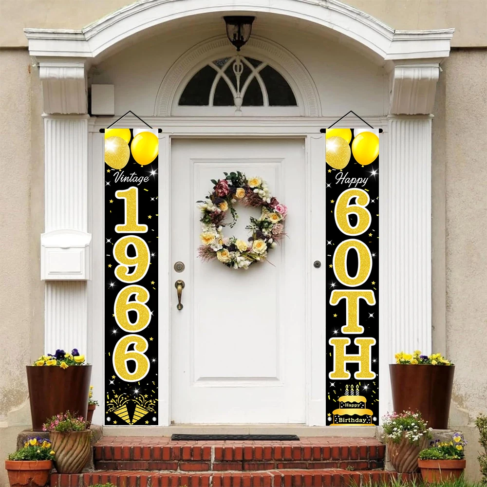 Schwarz-Gold Retro 60. Geburtstag Türschild-Set, Vintage 1966 Themenbanner „Prost auf 60 Jahre“ für die Veranda mit Ballon- und Kuchenmotiven – Detail 5