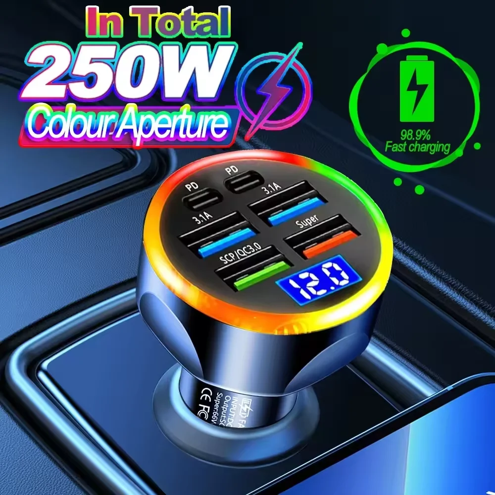 

6-in-1 250W Digital Display Car Charger QC3.0 USB Type C PD Fast Charging for iPhone Xiaomi Samsung Phone Charger Adapter in Car