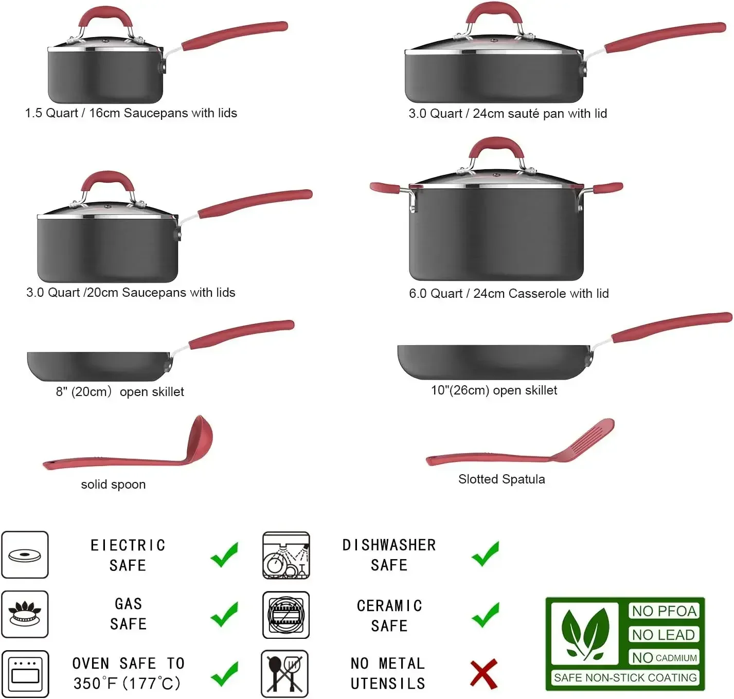 Amazon Basics Hard Anodized Non-Stick 12-Piece Cookware Set, Red - Pots, Pans and Utensils