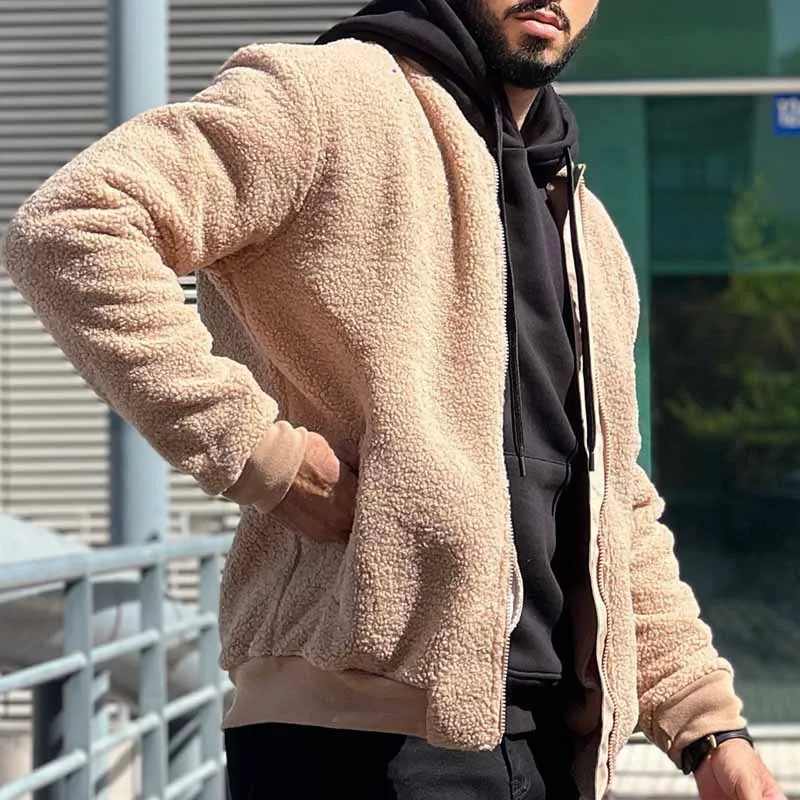 Fashion Furry Fleece Jackets Mens Autumn Casual Solid Color Loose Coats Men Vintage Zipper Stand Collar Wool Jacket Winter Coat