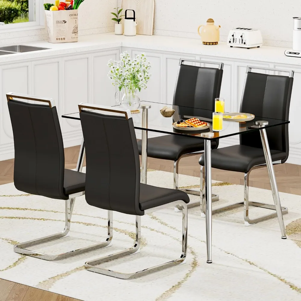 Glass Dining Table Set for 4,5 Piece Dinning Tables and Chairs Set，Modern Kitchen Dinning Room Table with 4 Black Dining Chairs