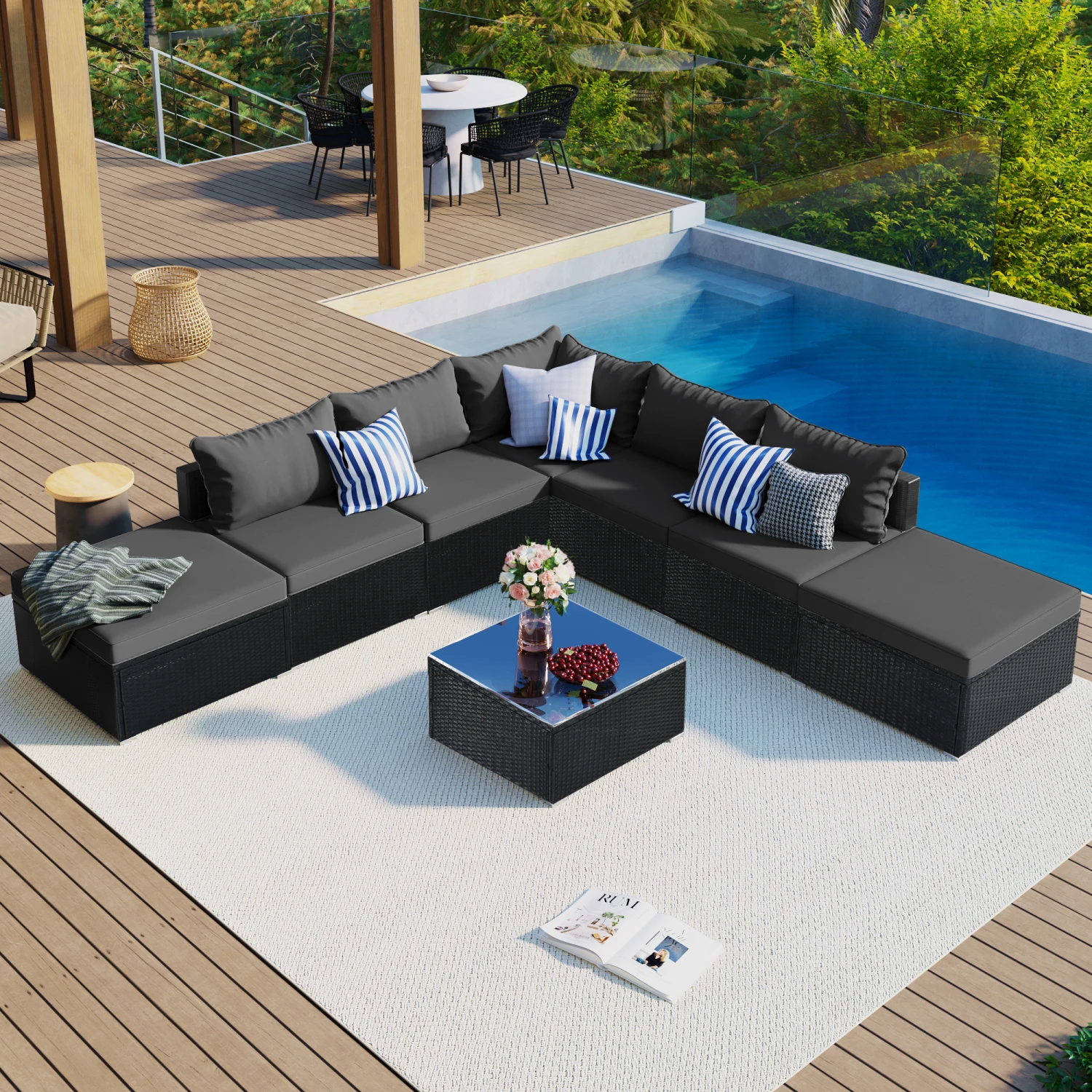 8-Pieces Outdoor Patio Furniture Sets, Garden Conversation Wicker Sofa Set, Single Sofa Combinable, Gray Cushions Black Wicker