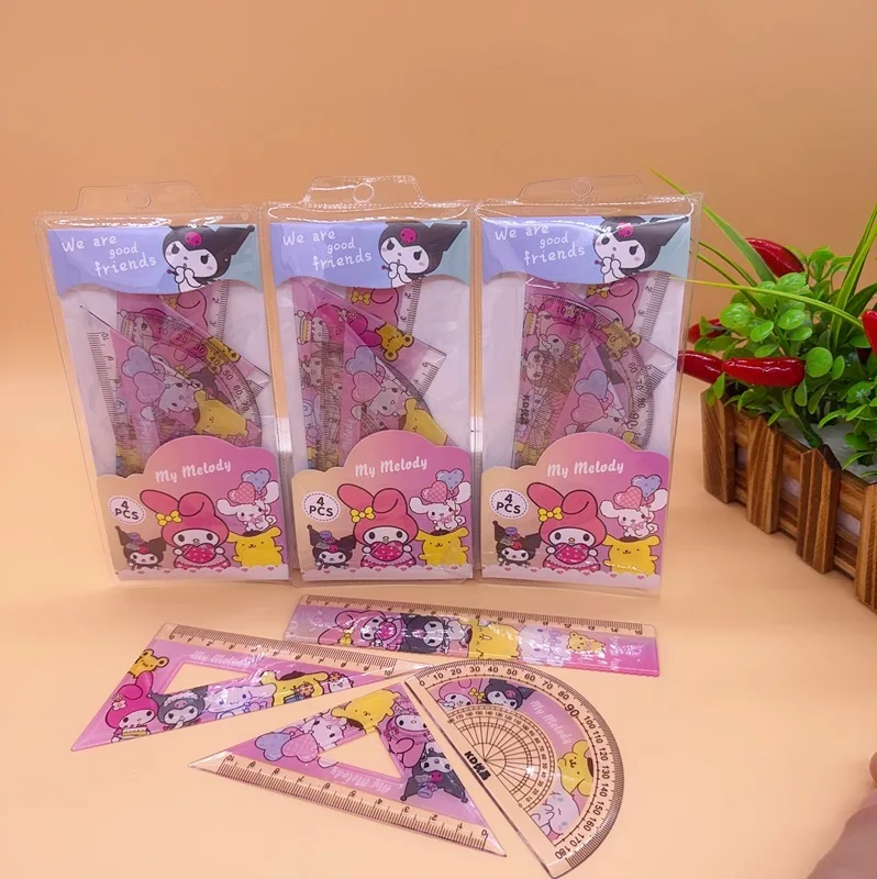 4Pcs/Set Sanrio Ruler Cartoon Kawaii Melody Kuromi Triangular Plate Protractor Measuring Ruler Set Students Stationery Gifts