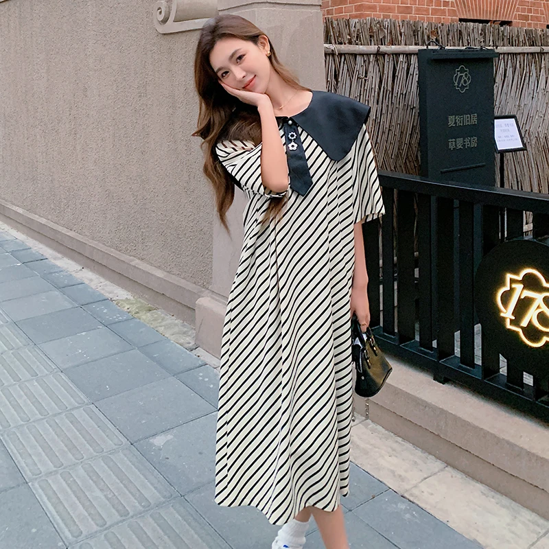 

2023 Summer New Stripe Dress for Women Elegant Fashion Korean Style Loose Peter Pan Collar Short Sleeve Tie Long Dresses 2330