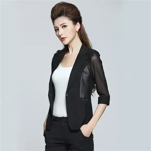 Summer Thin White Blazer Women Seventh Sleeve Mesh Black Suit Jacket Slim Korean Fashion Tops Office Ladies Luxury Coats