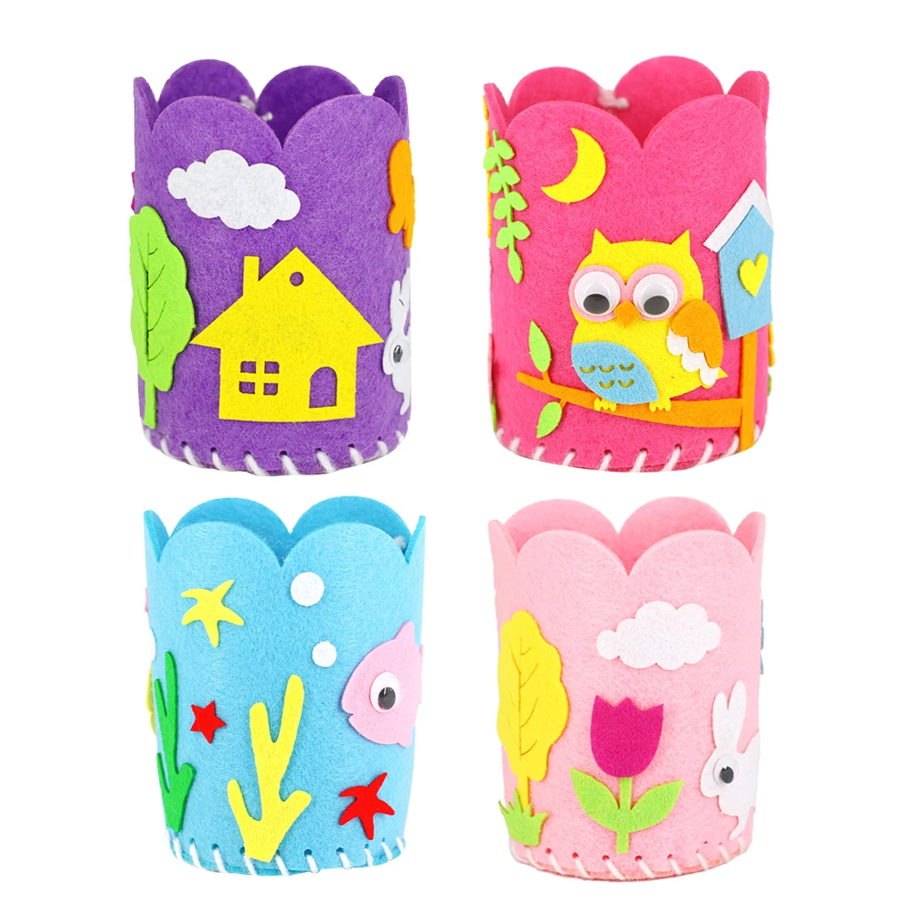 Juego de 4 Uds de portalápices de fieltro de dibujos animados DIY, Kit de costura educativo ecológico para niños, organizador de lápices hecho a mano