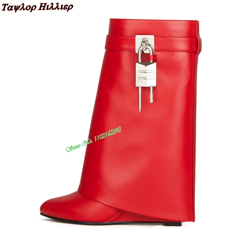 2023 Autumn Winter Lock Wedge Boots Genuine Leather Fashion Party Round Head Shark Buckle Slip-On Luxury Short Boots For Women