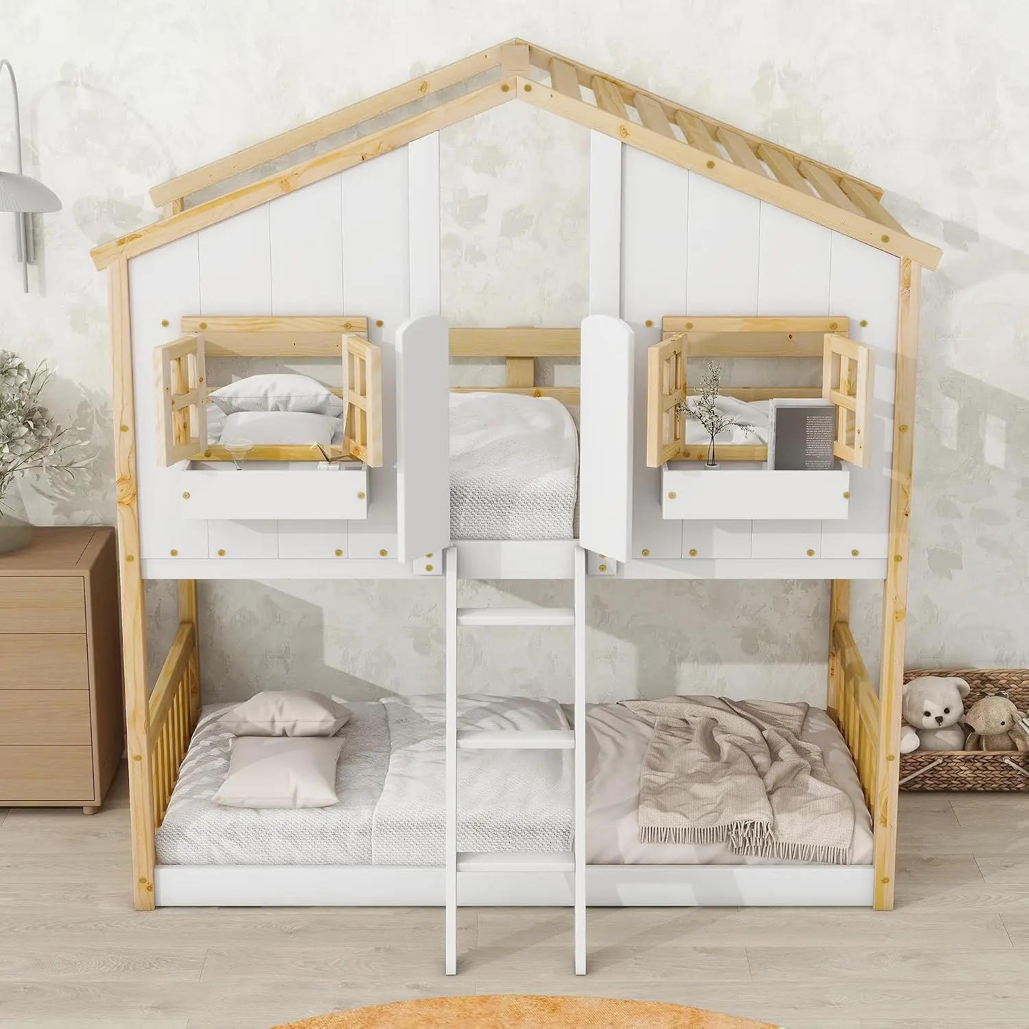 Wood House Bunk Bed Twin Over Twin with Roof, Windows, Window Box and Door, Solid Wood Floor Bunk Bed Frame with, Customized