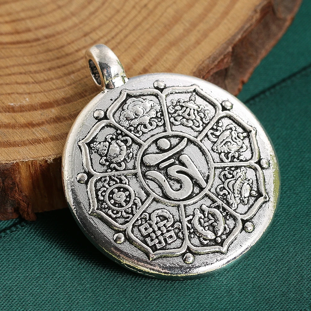 Tibetan Buddhism Sanskrit Om Eight Treasures Auspicious Lotus Flower Charms Metal Pendant Necklace Mascot Amulet Dangle Jewelry