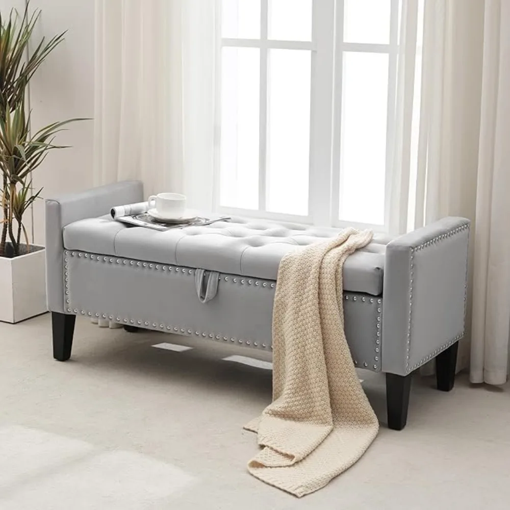 

Velvet Storage Ottoman Bench, 45'' Upholstered Button Tufted End of Bed Bench, Modern Entryway Ottoman Bench with Arms, Grey