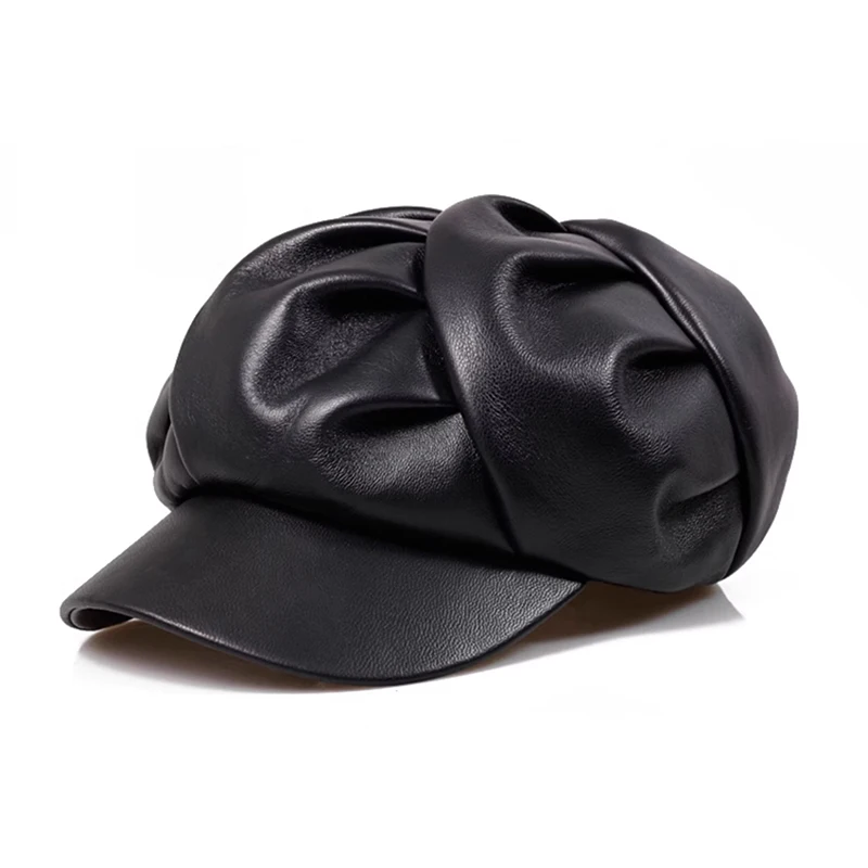 Genuine Leather Women's Beret Hat Fashionable Trendy Real Sheepskin Korean Version Versatile Temperament Newsboy Painter Caps