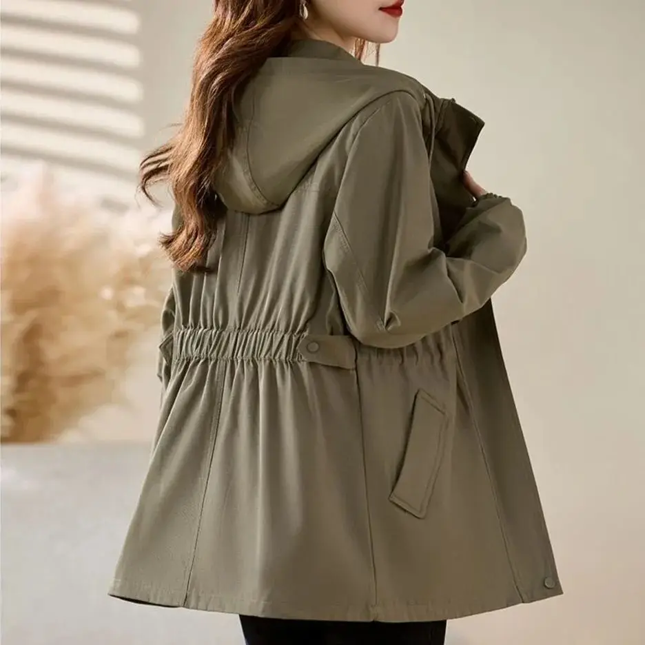 trench coat women's 2025 spring and autumn new  waist medium and long high-end  hooded tooling jacket