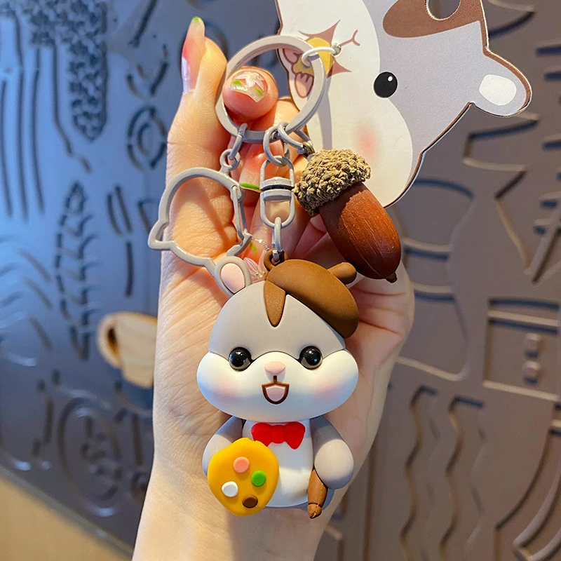 Cartoon Animal Hold Corn Strawberry Baby Hamster Keychain Eating Pine Cone Squirrel Wear Hat Painter Heart Squirrel Doll Keyring