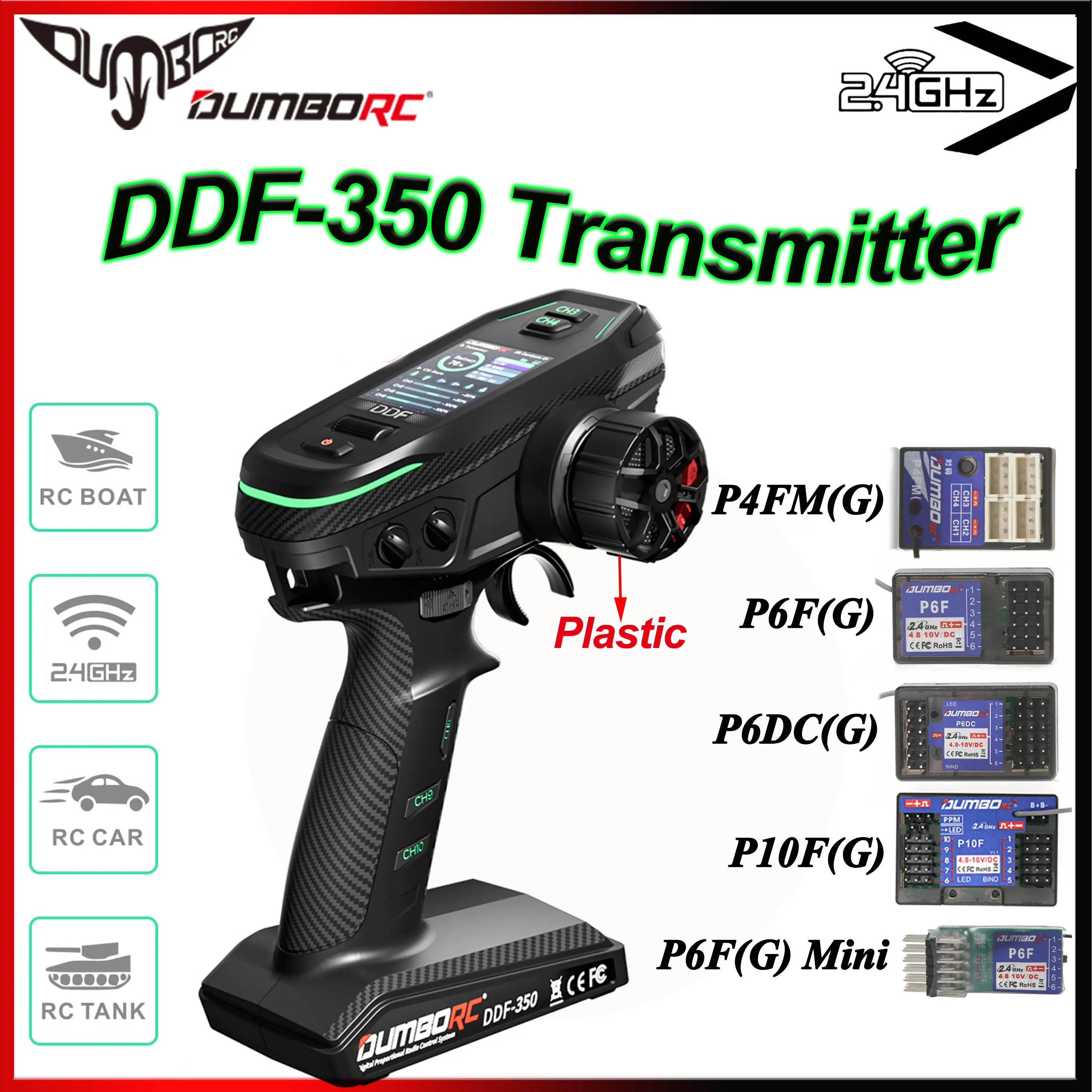 

DUMBORC DDF-350 10CH 2.4GHz Transmitter HD Screen Remote Controller 4/6/10CH Gyro Receiver for RC Car Tank Boat Robot Model Toy