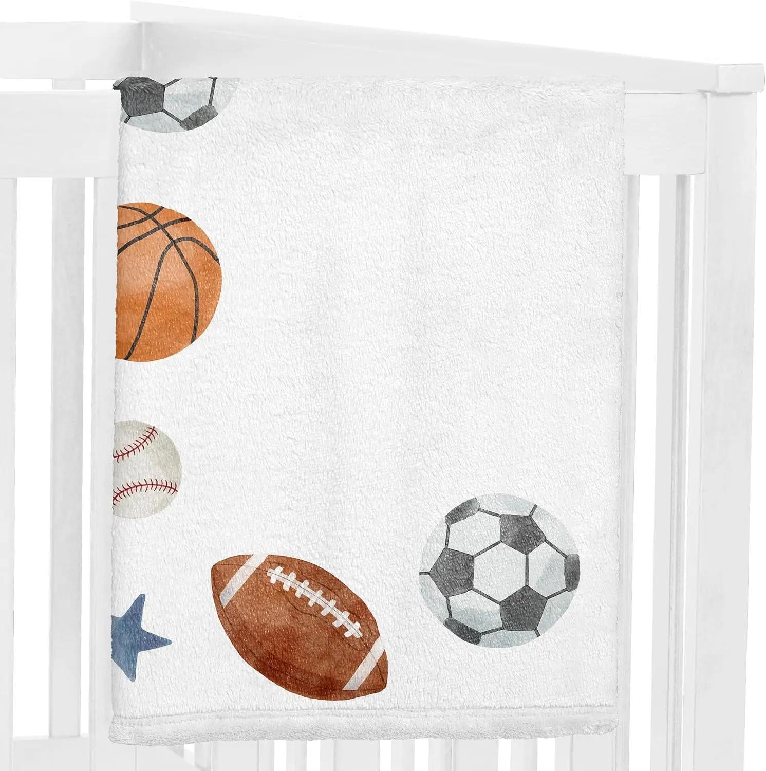 بطانية مراحل نمو الطفل من فيكاما بتصميم رياضي - كرة قدم ورجبي وبيسبول وكرة سلة بنمط الألوان المائية القديمة ونجوم زرقاء