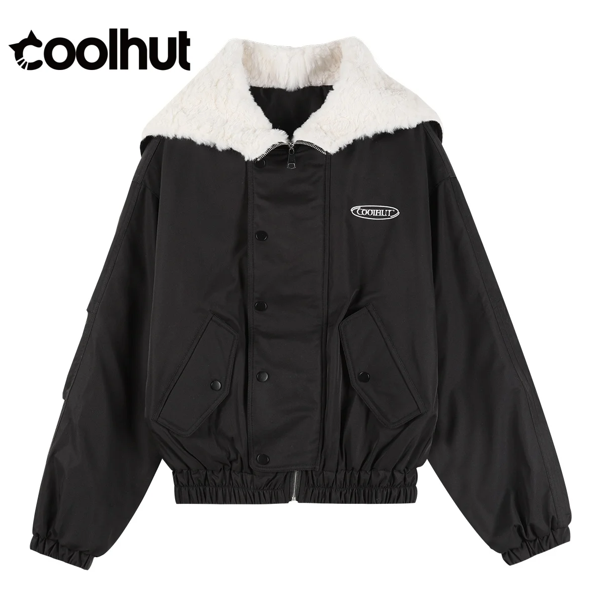 

COOLHUT женская куртка-пуховик из искусственной кожи с цветными блоками, зимнее пальто, винтажное пальто в американском стиле с коротким воротником из искусственного меха, свободная модная верхняя одежда