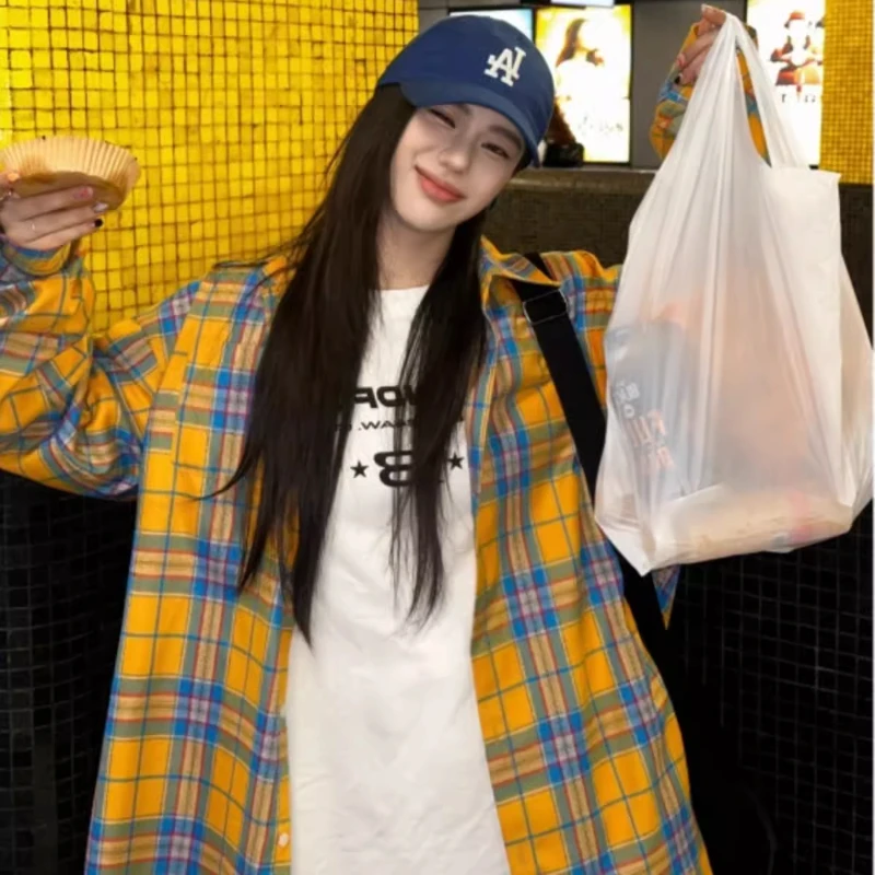 

Grid Large Size Pineapple Yellow Blouse for Women Fashionable Casual Oversize Plaid Light Sanding Shirts Korean Style Tops