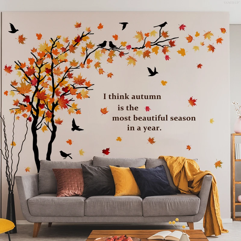 Bigger Maple Tree Fallen Leaf Flying Birds Vinyl Wall Decals Autumn Quotes Stickers Home Decoration for Living Room Kids Bedroom