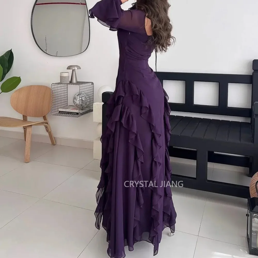 Classy Long Purple Square Collar Chiffon Saudi Evening Dresses Full Sleeves A Line Pleated Floor Length Robes De Soirée