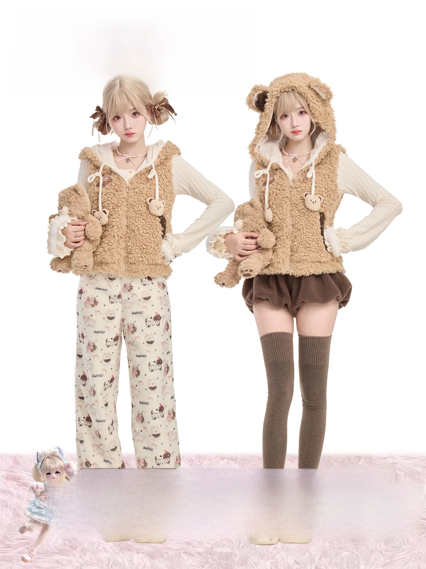 

Girls nut Bear Knitted Long Sve Vest Print Plu Long Pants Set Fce Fabric Hooded Zipper Closure Open Cardigan Sle
