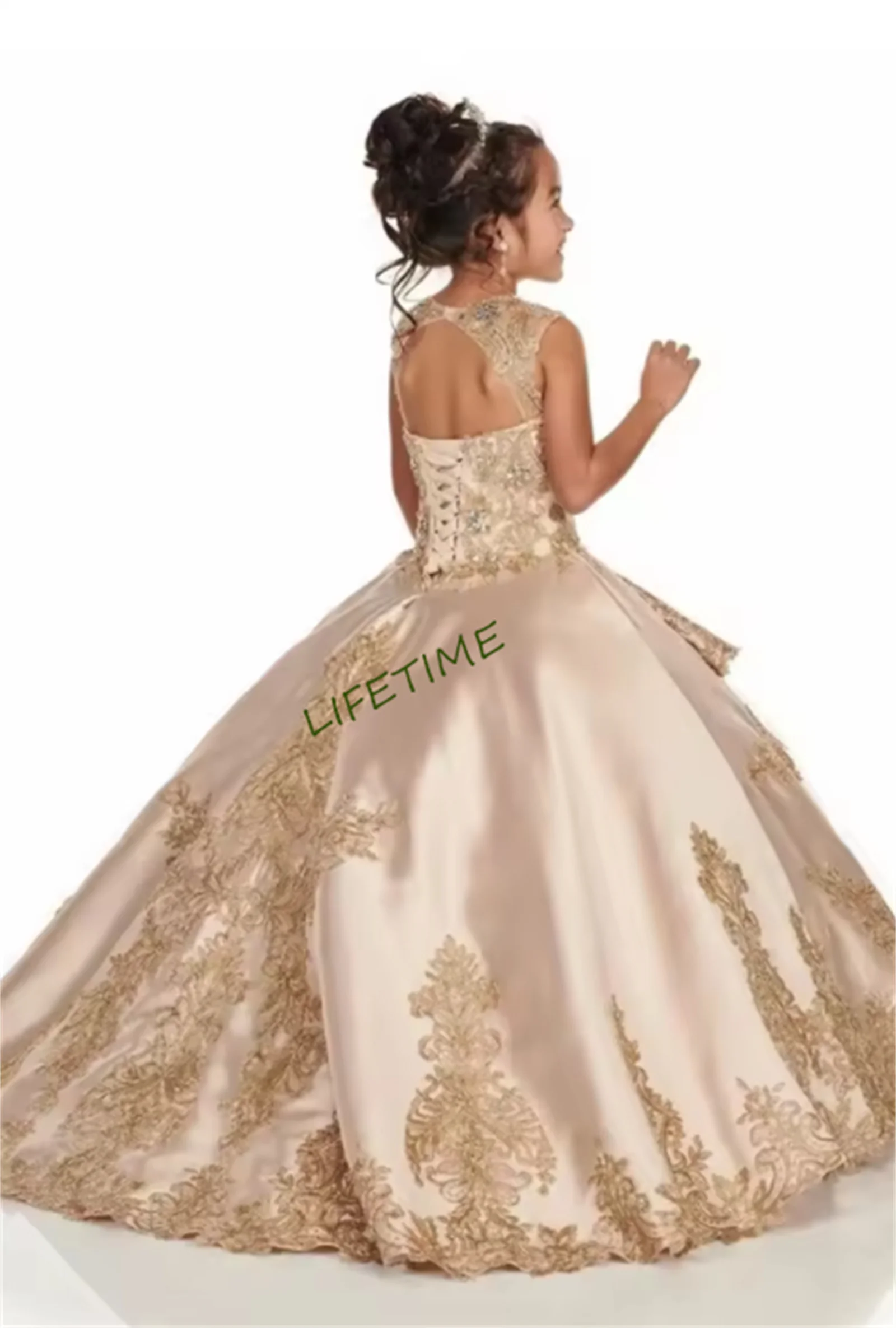 فستان فتاة الزهور الرائع فساتين Quinceanera الذهبية ثوب حفلة لطيف تول يزين مطرز لحفلات الزفاف فساتين السهرة #1